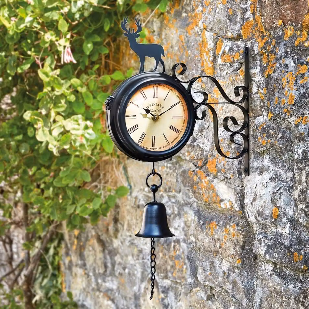 FLAVORA Vintage Round Metal Outdoor Wall Clock with Thermometer in Black – 2