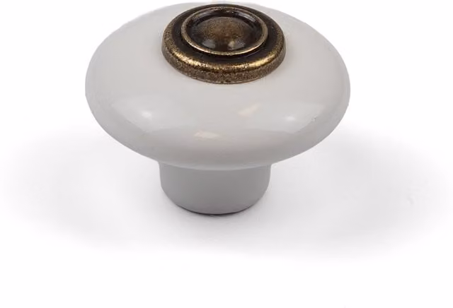 Handle & Home White Ceramic Round Stepped Cabinet Knob with Brass Details