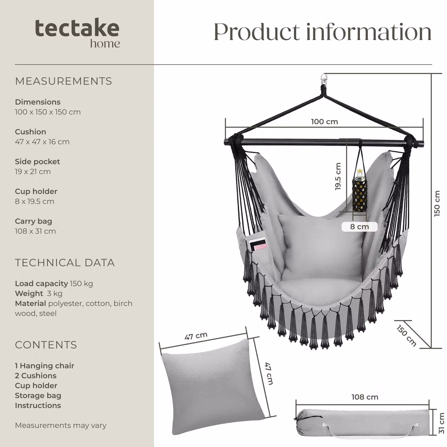 tectake Malika Boho Style Hanging Chair with Stand in Grey – 5