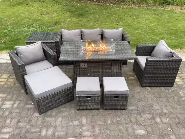 Fimous 8 Seater Dark Grey PE Rattan Garden Furniture Set with Gas Fire Pit Dining Table and 2 Armchairs