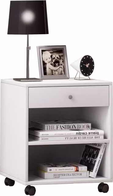 VCM White Wooden Bedside Table with Rolda Drawer Rollers W: 38.0 cm, D: 45.0 cm, H: 54.0 cm – 1