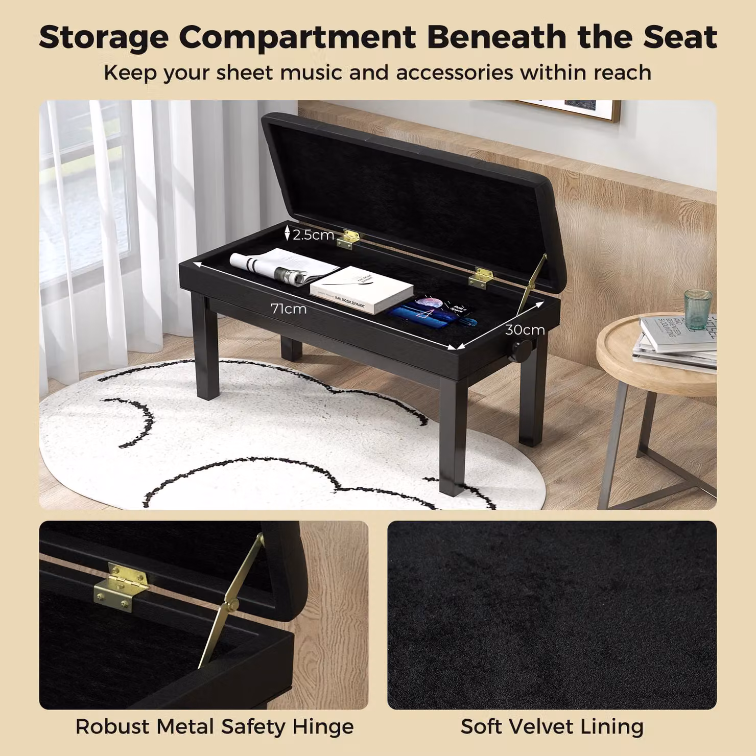 Gymax Duet Piano Bench with Storage, Adjustable Padded Stool in Black – 4