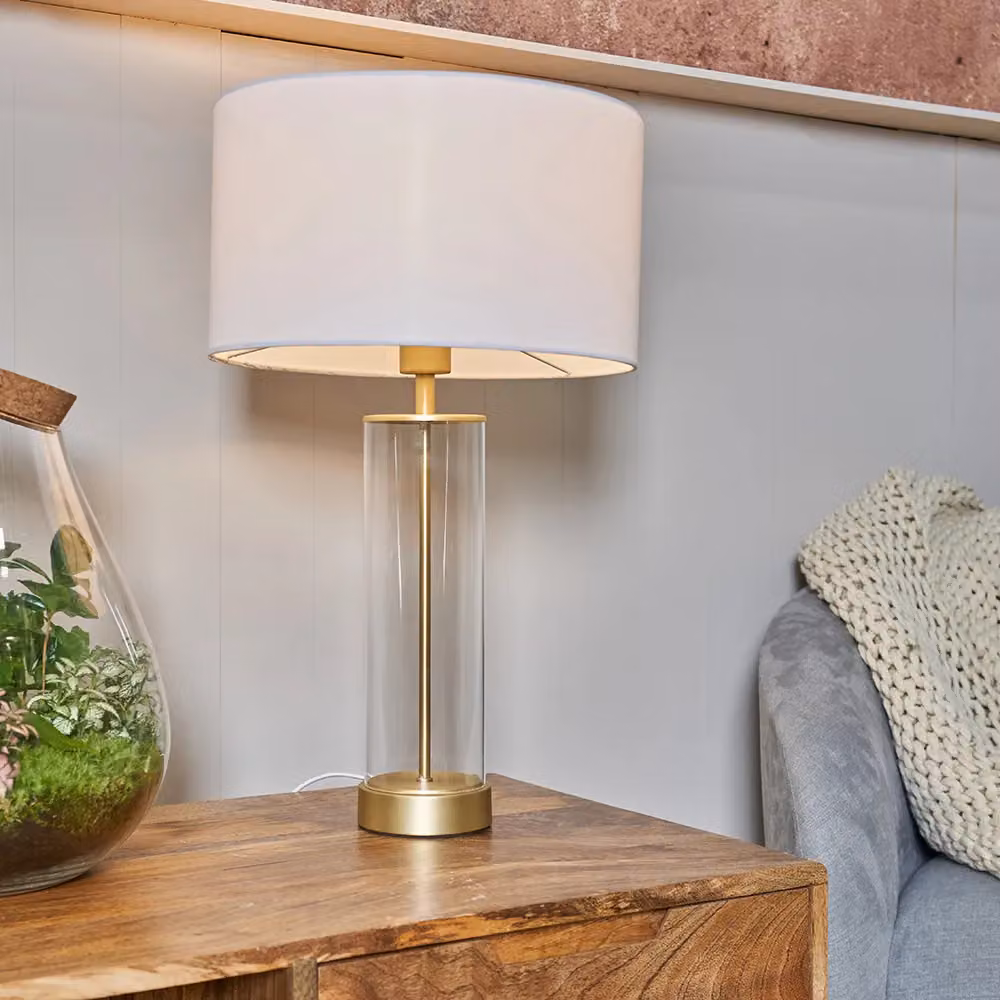 ValueLights Balan Modern Table Lamp with Glass and Gold Metal Base and White Fabric Cylinder Shade, H 56 cm x W 35 cm x D 35 cm – 3
