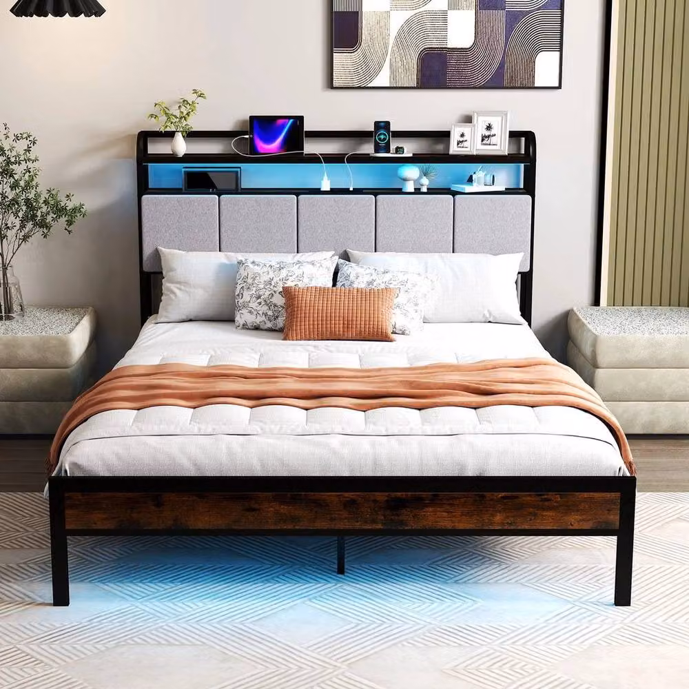 KORVIXA King Size Metal Slats Platform Bed Frame in Black with Under-Bed Lighting and USB Charging Ports – 4