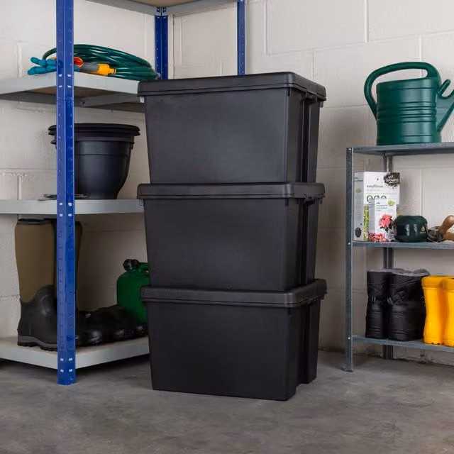 Wham Bam 3 x 45L Heavy Duty Stackable Plastic Storage Boxes with Lids and Handles, Black