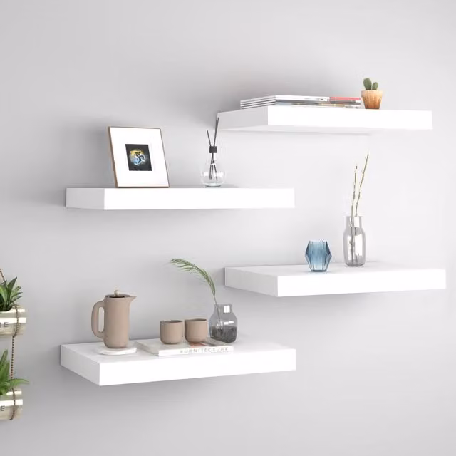 Berkfield Home Set of 4 White Floating Wall Shelves, MDF and Metal, W: 40 cm, D: 23 cm, H: 3.8 cm