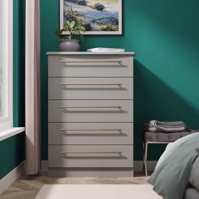 Haworth Ready Assembled 5 Drawer Chest in Dusk Grey with Gold Accents
