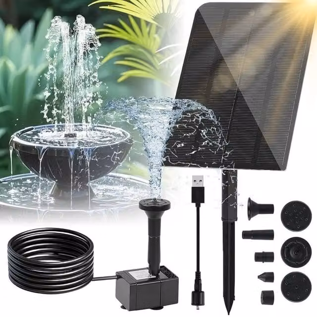 SPETLEK Solar Powered Water Fountain with 7 Nozzles in Black – 1
