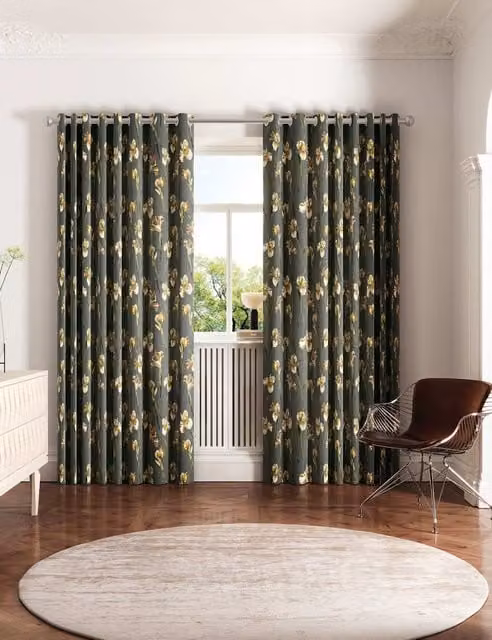 Ted Baker Wild Iris Floral Opaque Cotton Eyelet Curtains, Grey, W: 229 cm, H: 168 cm