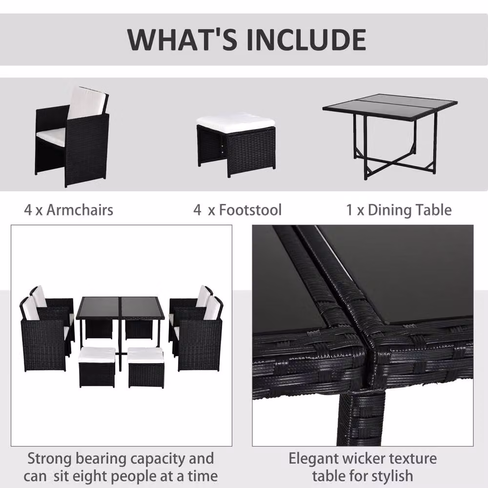 Wyld Haus Viro Black 8 Seater Cube Rattan Garden Dining Set with Square Glass Table and Weather Resistant Cushions – 5