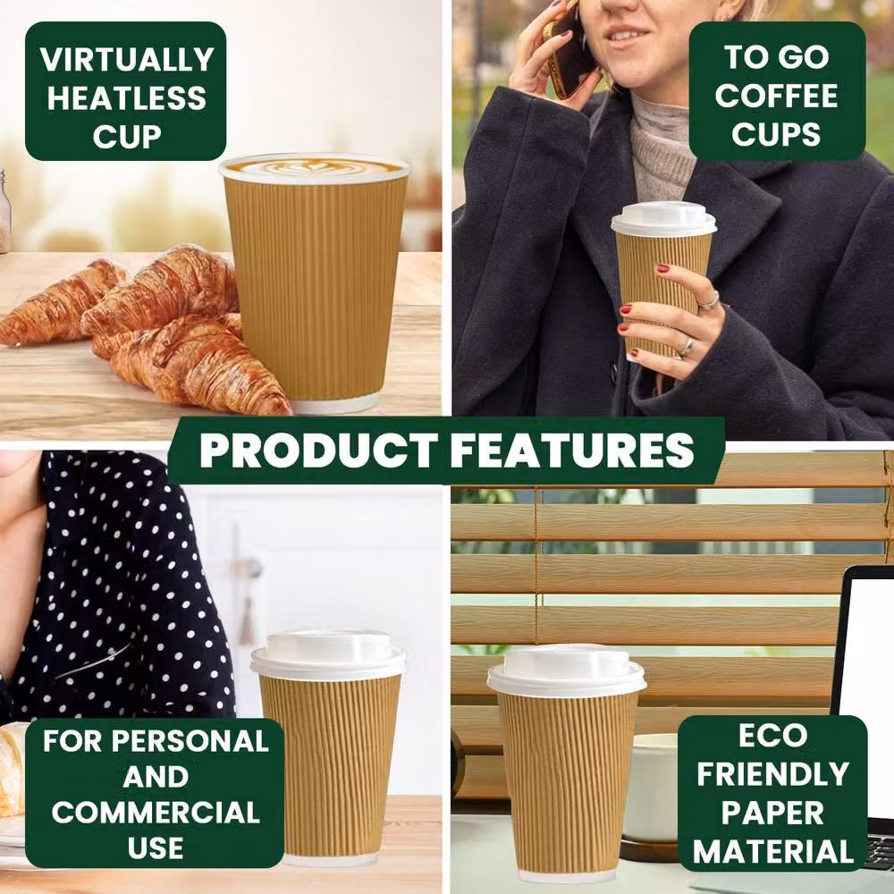 ECONX 500 Brown Ripple Paper Coffee Cups with White Lids, 8oz – 4