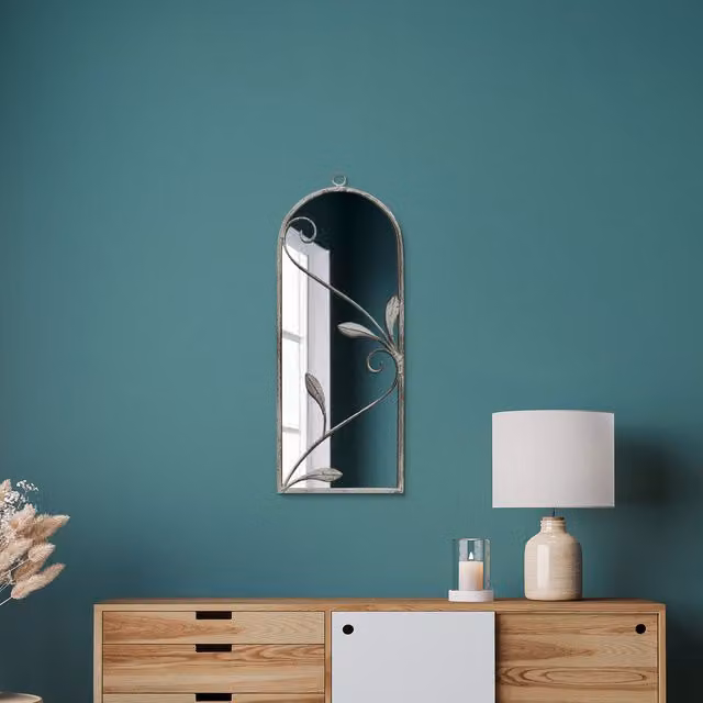 MirrorOutlet Arcus Modern Metal Framed Arched Wall Mirror in Grey Concrete and Silver