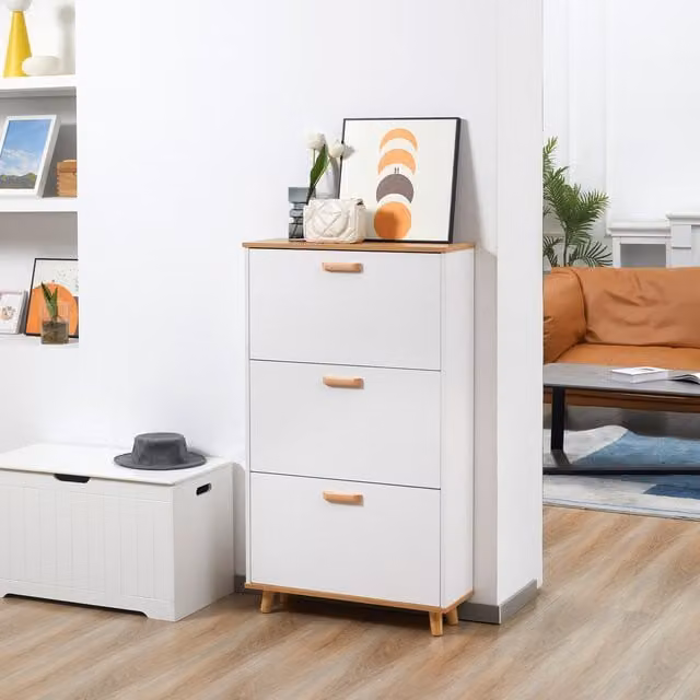 HOMCOM Modern Slim White Shoe Storage Cabinet with Tilting Compartments and Internal Shelves