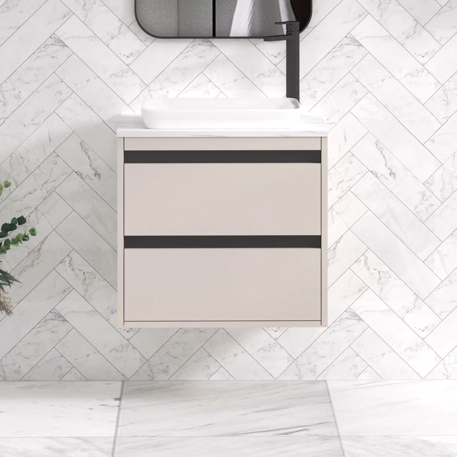 Royal Bathrooms Orion 600mm Warm Taupe Wall Hung Countertop Vanity Unit with 2 Drawers, Qubix Basin and Black Accent Trim
