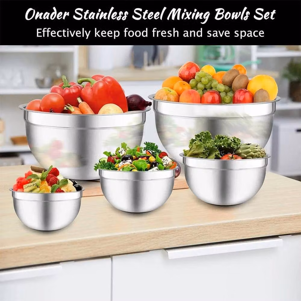 NESTLUNE Set of 5 Silver Stainless Steel Round Nesting Mixing Bowls – 6