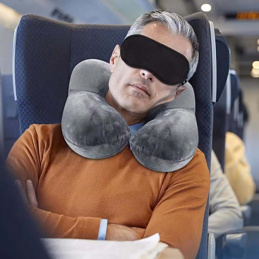PAWNORA Inflatable U-Shaped Neck Pillow in Dark Grey with Breathable Polyester and Velvet Finish – 3