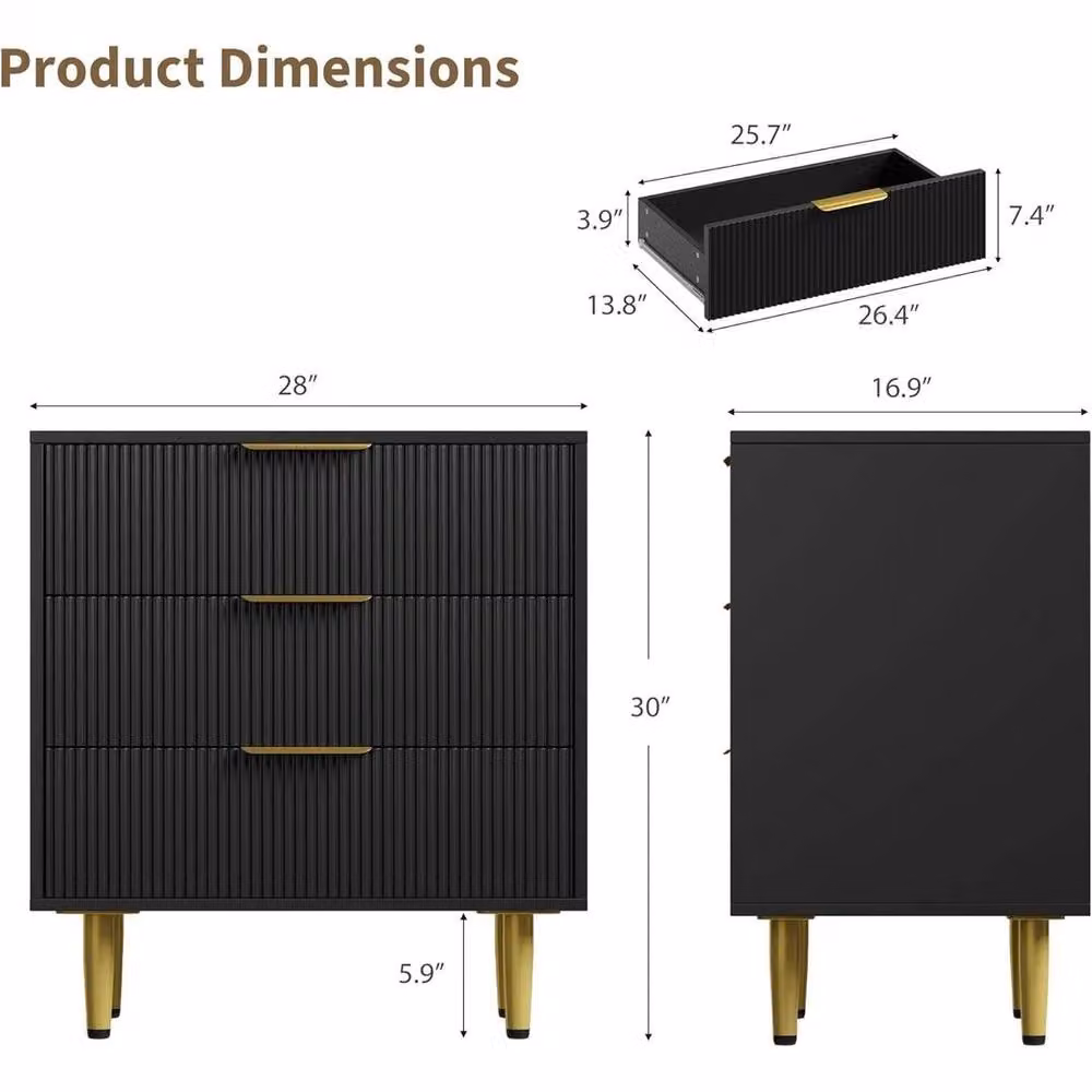KORVIXA 3-Drawer Chest of Drawers Storage Organiser in Black and Gold – 2
