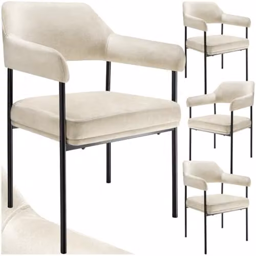 tectake Set of 4 Velvet Look Dining Chairs in White, H 85.0 x W 58.0 x D 62.0 cm