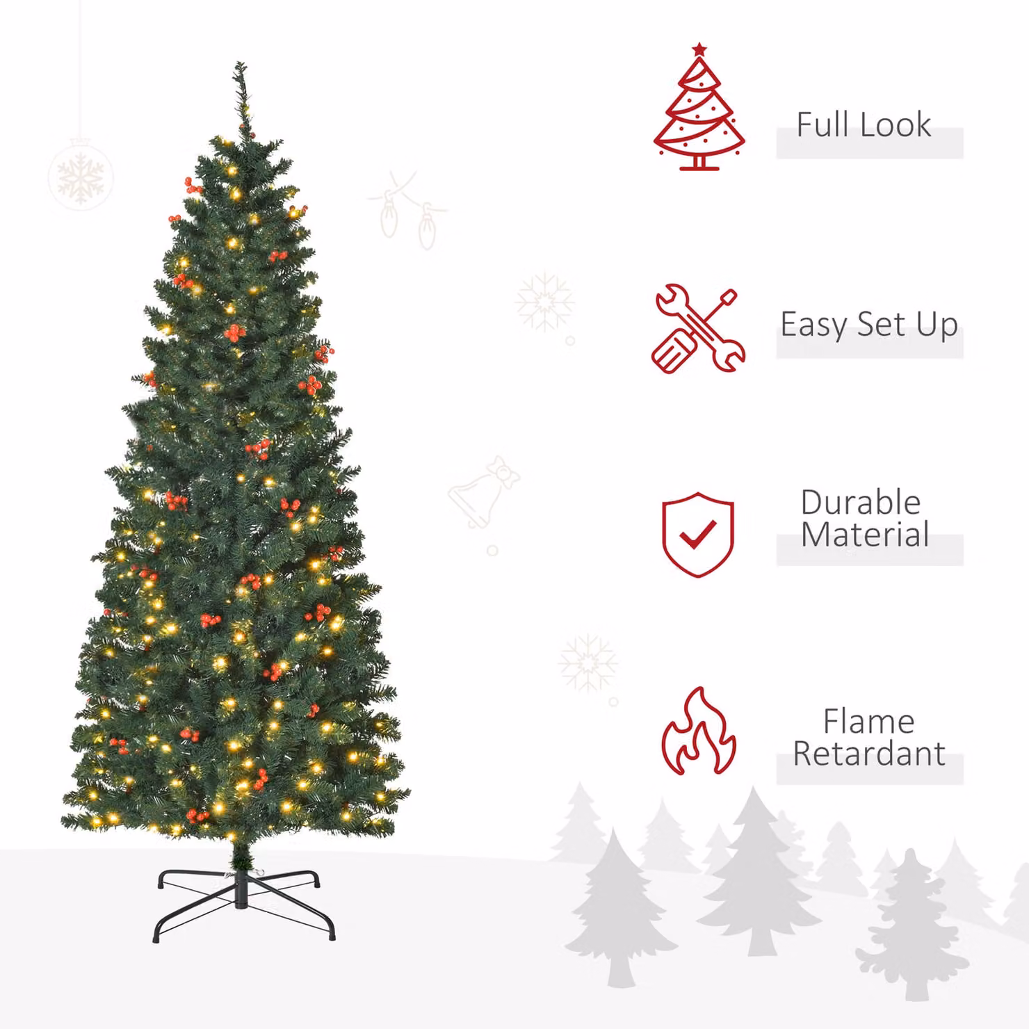 HOMCOM 6ft Prelit Artificial Pencil Christmas Tree with Warm White LED Lights and Red Berries, Green – 4