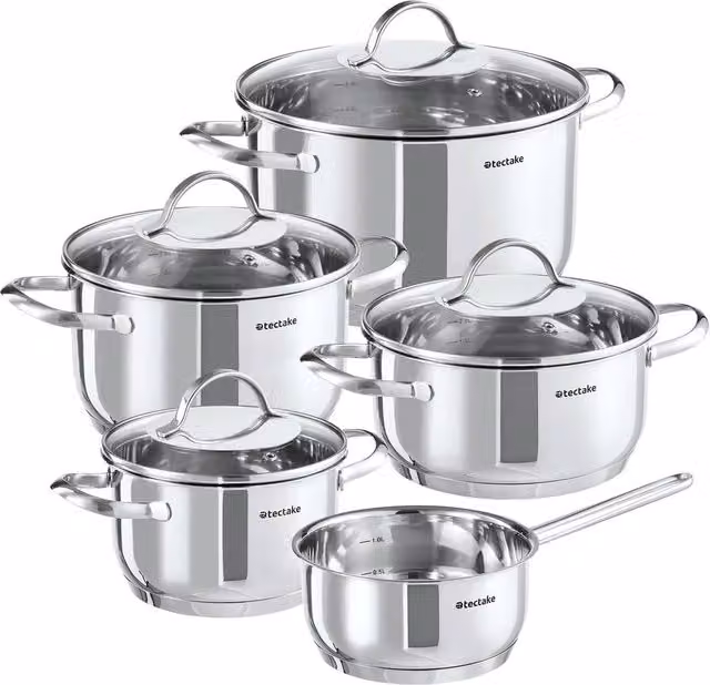 tectake Bologna XL 9-Piece Stainless Steel Pot and Pan Set in Silver, Induction Safe