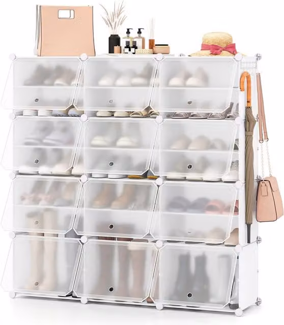 COSTWAY White Freestanding Shoe Rack with Adjustable Shelves and Back Panel