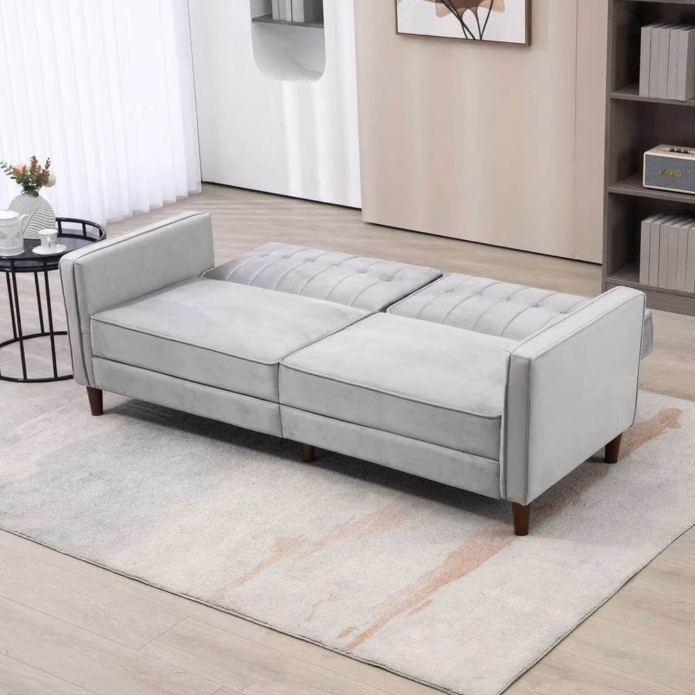 FORGEVIO Grey Velvet Convertible Sofa Futon with Click-Clack Sleeping Function, 140 x 200 cm – 3