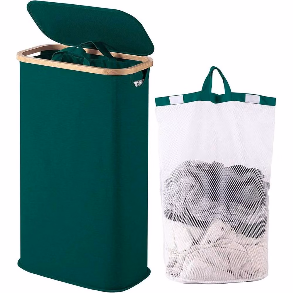 FLAVORA Green Vencier 60L Slim Laundry Hamper with Lid and Bamboo – 3