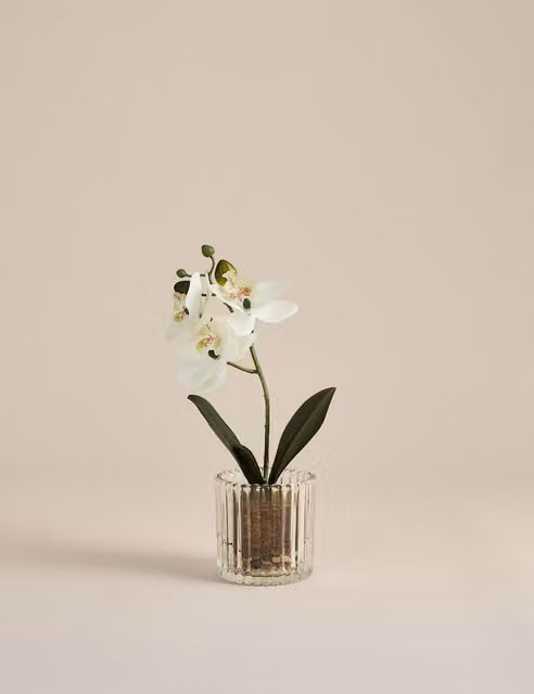 M&S Artificial Small White Orchid in a Round Glass Pot