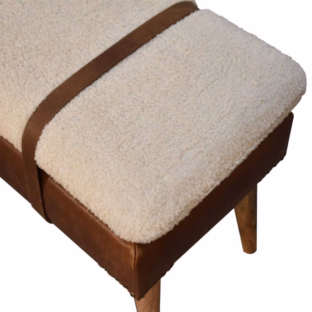 Wyld Haus Alghero Bouclé Bench with Buffalo Leather Strap and Oak Legs in Brown and Beige – 4