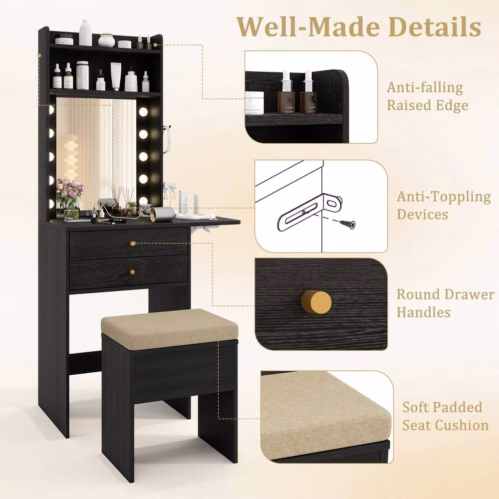 Gymax Small Makeup Vanity Desk and Dressing Table Set with Hollywood LED Lights and Storage Stool in Black – 5