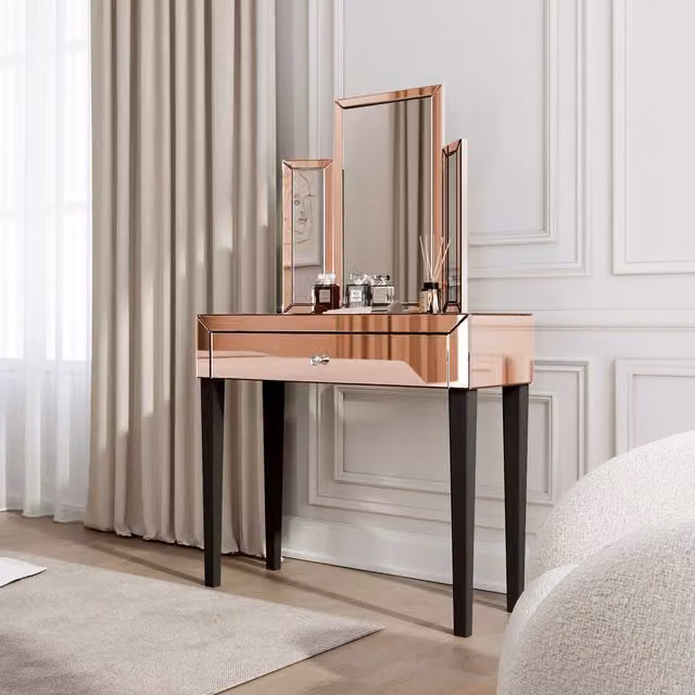 CARME Gold Glossy Mirrored Dressing Table with Tri-Fold Mirror