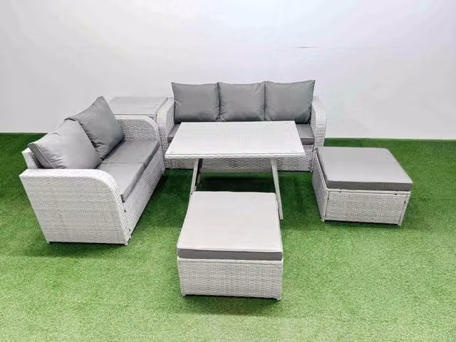 Fimous Modern Rectangular Dining Table and Sofa Set with 2 Large Stools and Side Table in Light Grey