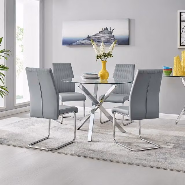 FurnitureboxUK Selina Chrome Round Glass Dining Table and Four Lorenzo Chairs Set in Grey