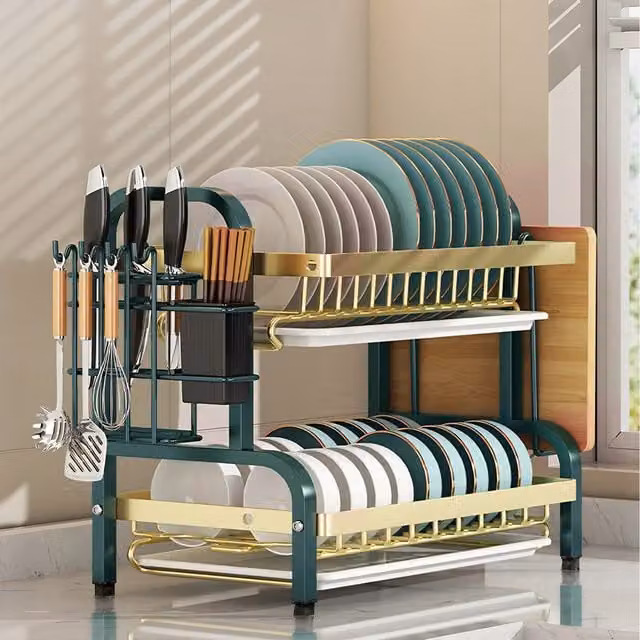 Komore Double-Tier Green Coated Steel Dish Rack with Drip Tray