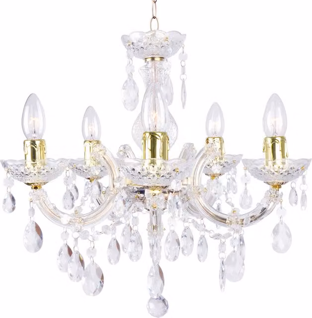 Litecraft Marie Therese 5 Light Brass Ceiling Chandelier with Transparent Glass