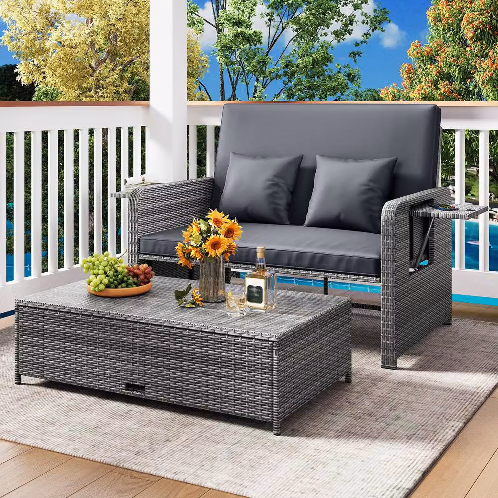 Costway 2-Piece Grey PE Wicker Daybed and Patio Rattan Furniture Set with Adjustable Backrest – 6