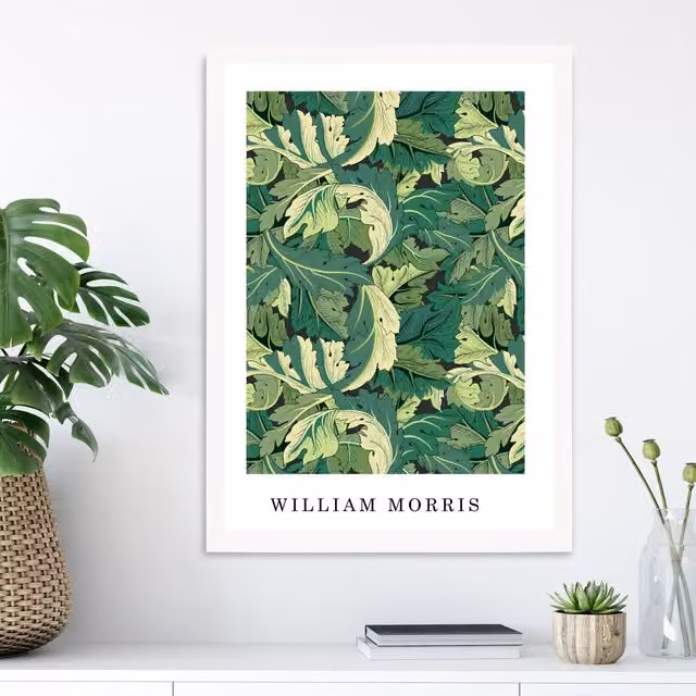 ARTZE William Morris Acanthus Floral Art Print in Bright Green with White Frame, A4 – 1