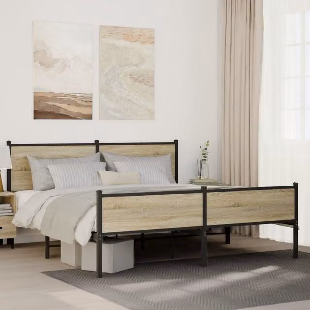 Berkfield Home Metal Bed Frame in Sonoma Oak Brown, W/D/H: 160 x 200 cm