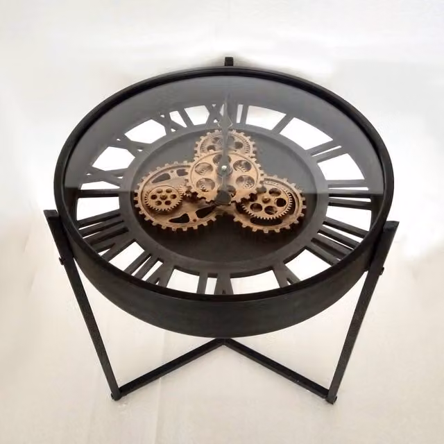 Minster Analog Gear Tabletop Clock in Black Metal, W: 49 cm, D: 49 cm, H: 55 cm