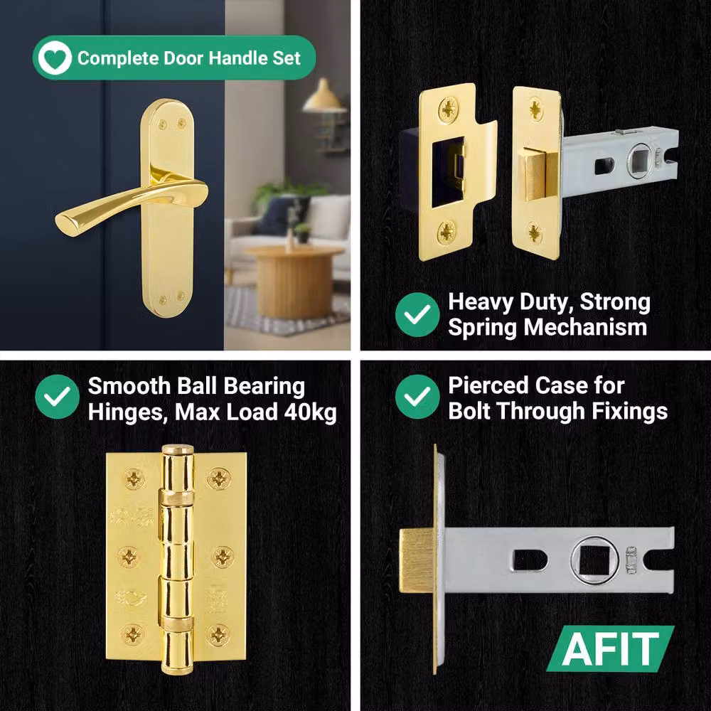 AFIT Polished Brass Twist Door Handle, Latch and Hinge Set in Gold, 4 Pairs – 3