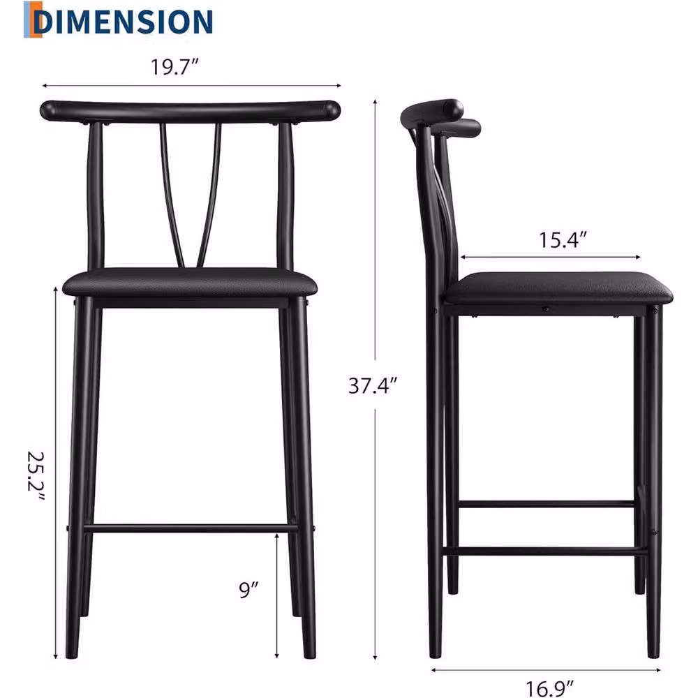 KORVIXA Set of 2 Modern Black Synthetic Leather Kitchen Barstools with Backrest and Footrest – 2