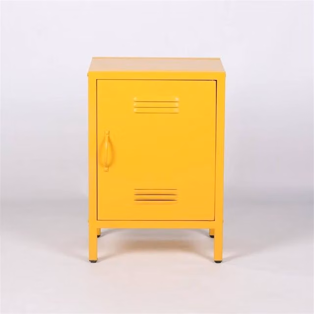 PAWNORA Industrial Yellow Metal Bedside Cabinet with Open Shelf and Hinged Doors, W/D/H: 41.0 x 31.5 x 59.5 cm
