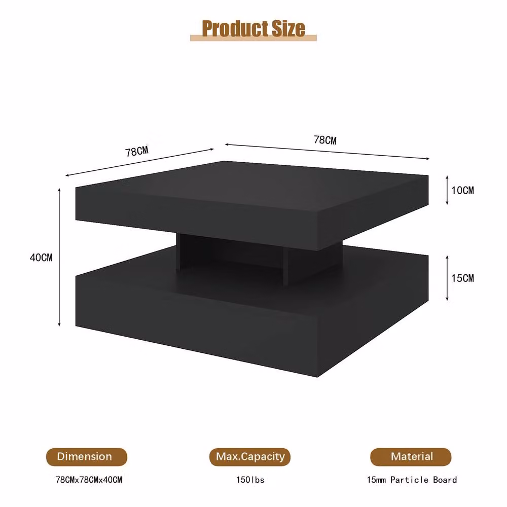 KEEPREAPER Black Square 2-Tier Coffee Table with LED Light and Storage – 3