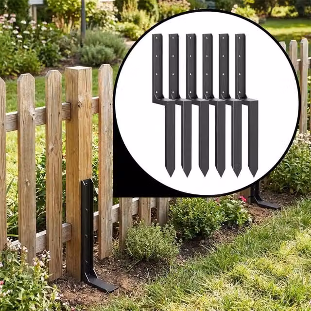 Nicoman Metal Fence Post Repair Kit with In-Ground Support Brackets, Black, Pack of 6