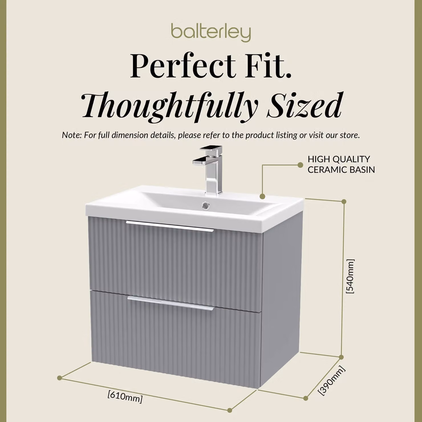 Balterley Fluted Wall Hung 2 Drawer Vanity Basin Unit and Basin, Satin Grey, Width: 60 cm – 3
