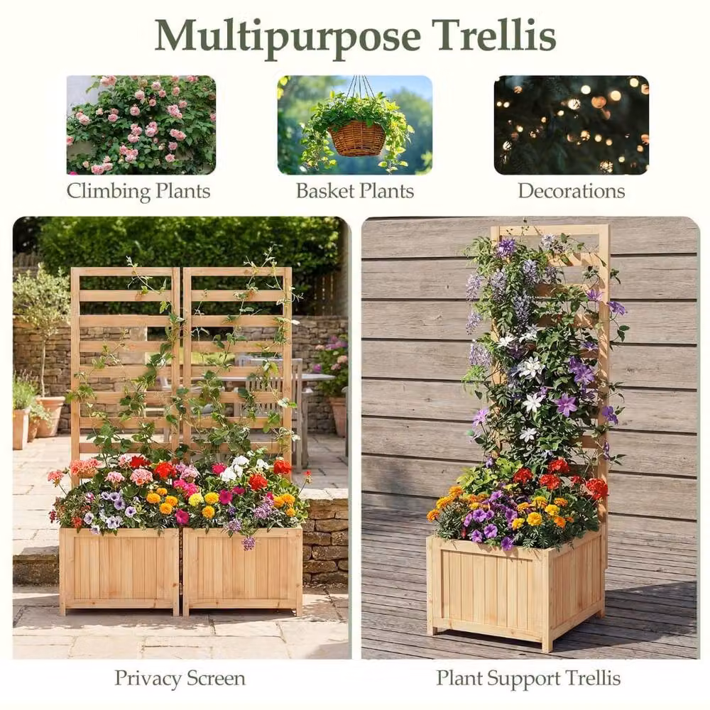 Costway Wooden Raised Garden Bed with Trellis and 2 Drainage Holes in Brown and Sand – 4