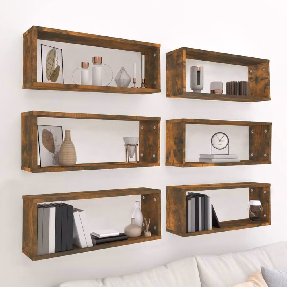 Berkfield Home Wall Mounted Cube Shelves, 6 Piece Set in Smoked Oak Brown, W: 60 cm, D: 23 cm, H: 15 cm – 2