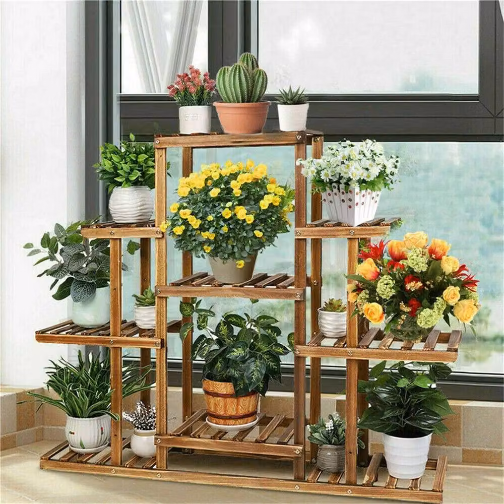 EONLION 9 Tier Rustic Brown Pine Wood Flower Rack and Freestanding Garden Plant Shelf Stand – 4