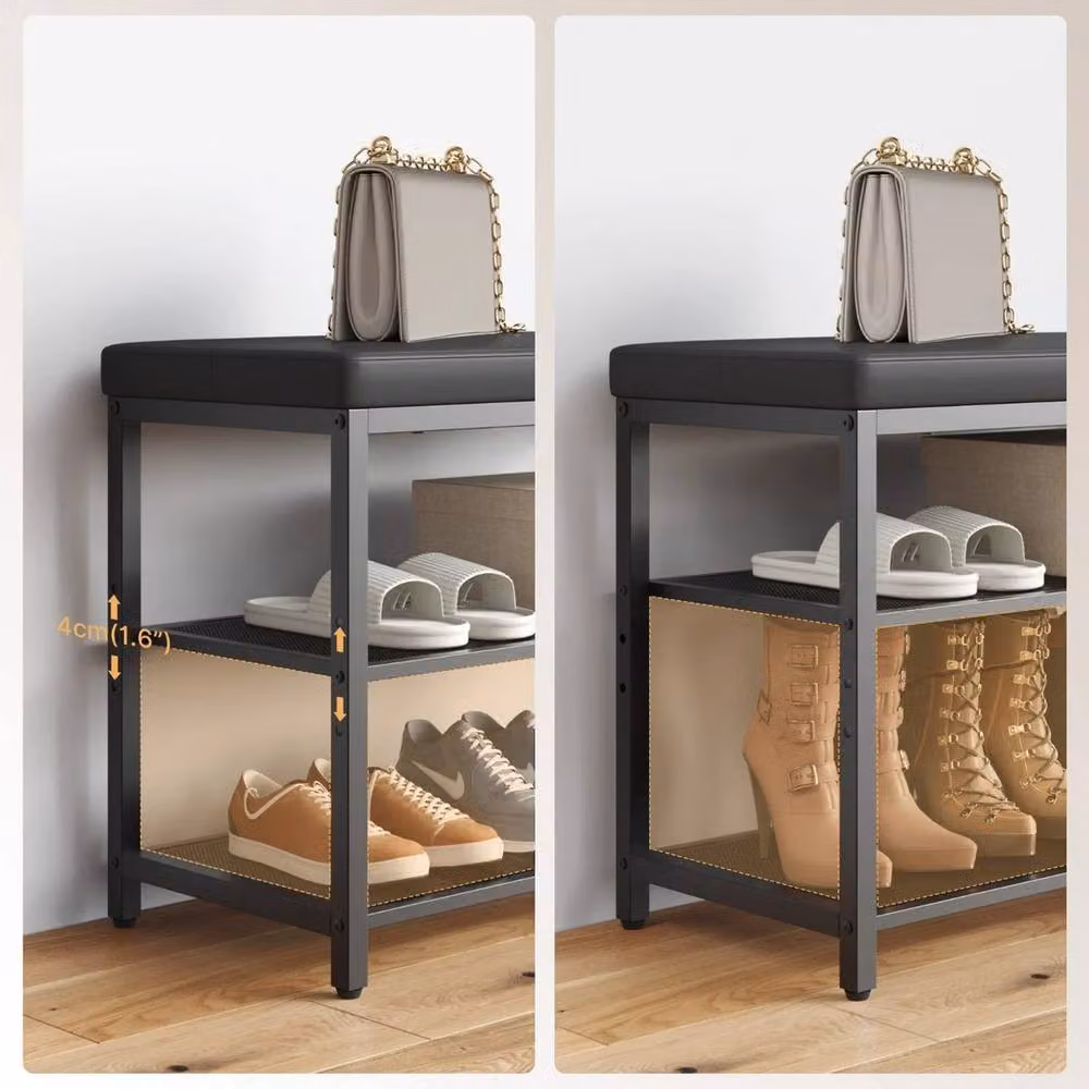 KORVIXA 3-Tier Shoe Rack Bench with Padded Synthetic Leather Cushion in Black, W: 100 cm, H: 60 cm, D: 60 cm – 3