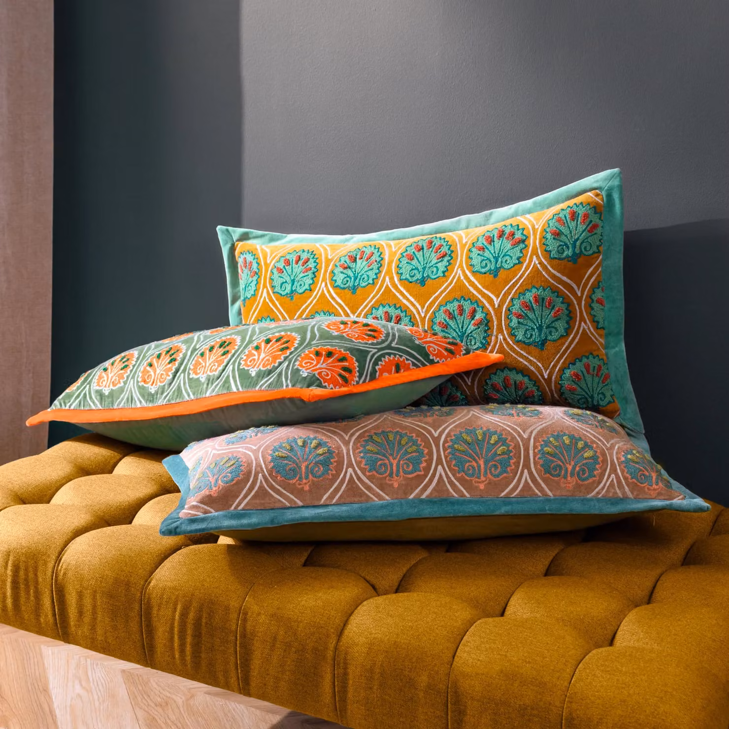 Paoletti Casa Floral Embroidered Rectangular Cushion in Yellow and Blue – 4